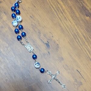 Blue & White Beaded Rosary w/ Silver Cross